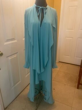BCBGMaxAzria Sky Blue Tie-Neck Ruffled Maxi Dress